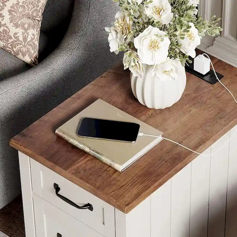 Modern End Table with Charging Station, Sofa Side Table with Storage