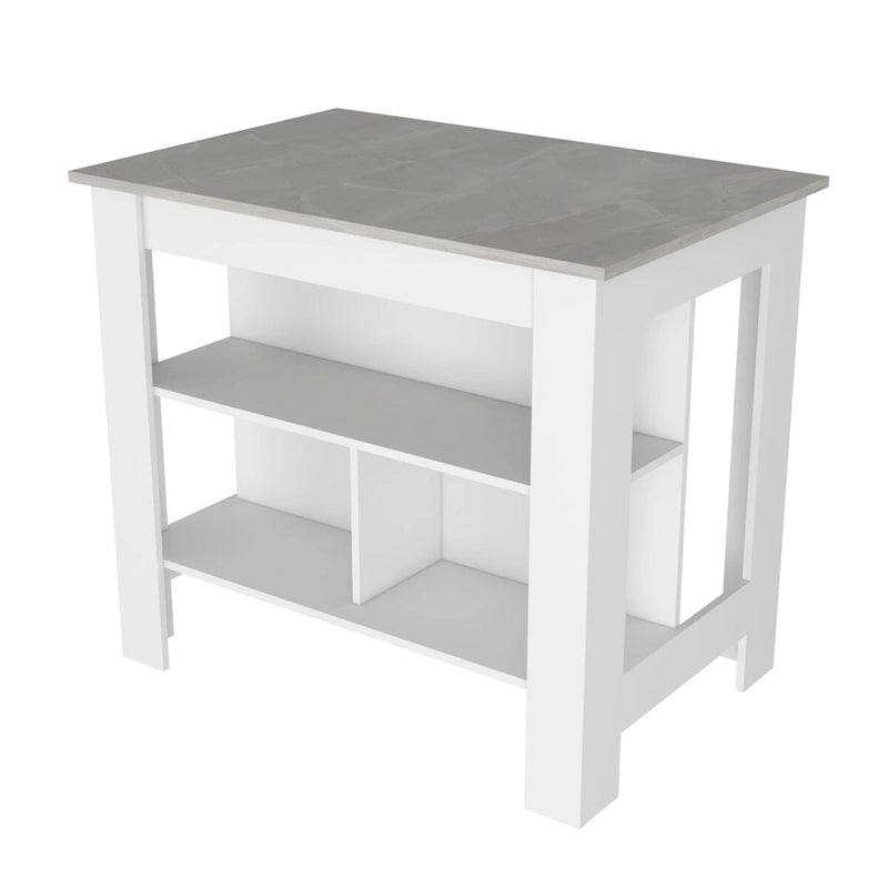 Kitchen Island, Three Shelves, White / Marble Finish