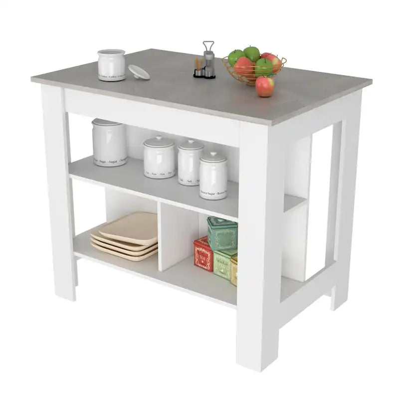 Kitchen Island, Three Shelves, White / Marble Finish