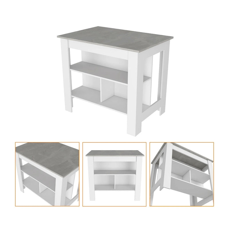 Kitchen Island, Three Shelves, White / Marble Finish