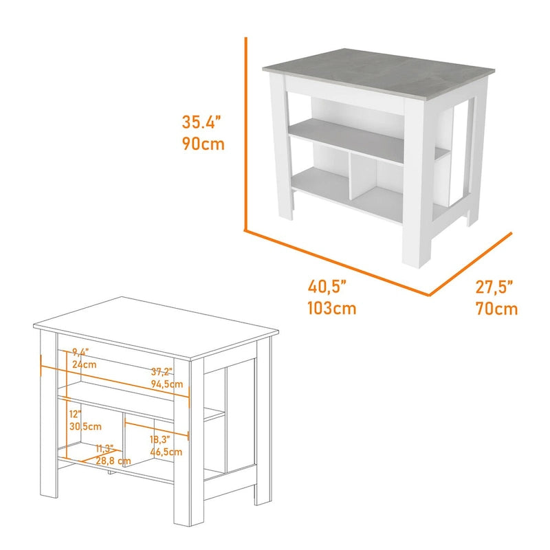 Kitchen Island, Three Shelves, White / Marble Finish