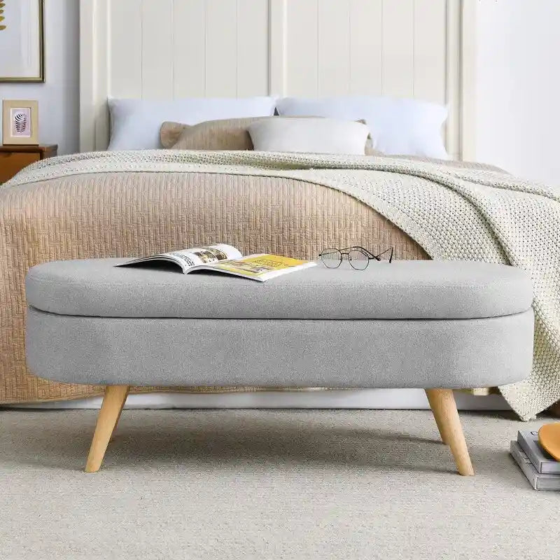 Modern Upholstered Storage Bench with Solid Wood Legs, Entryway Footrest Stool, End of Bed Bench, Vanity Ottoman