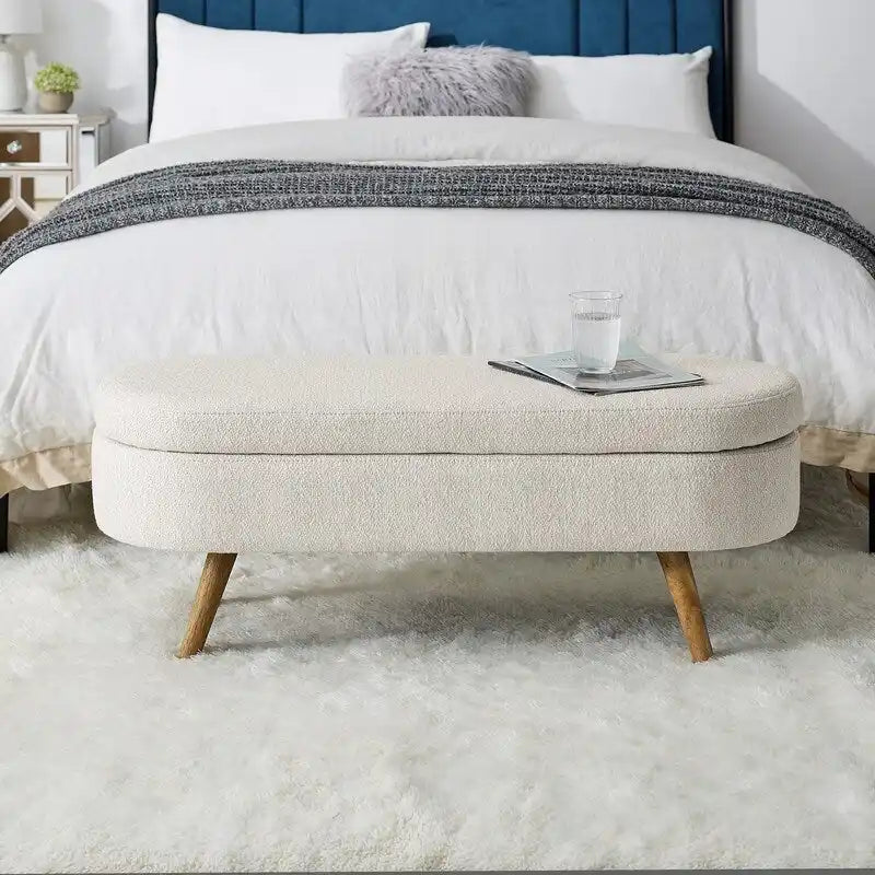 Modern Upholstered Storage Bench with Solid Wood Legs, Entryway Footrest Stool, End of Bed Bench, Vanity Ottoman