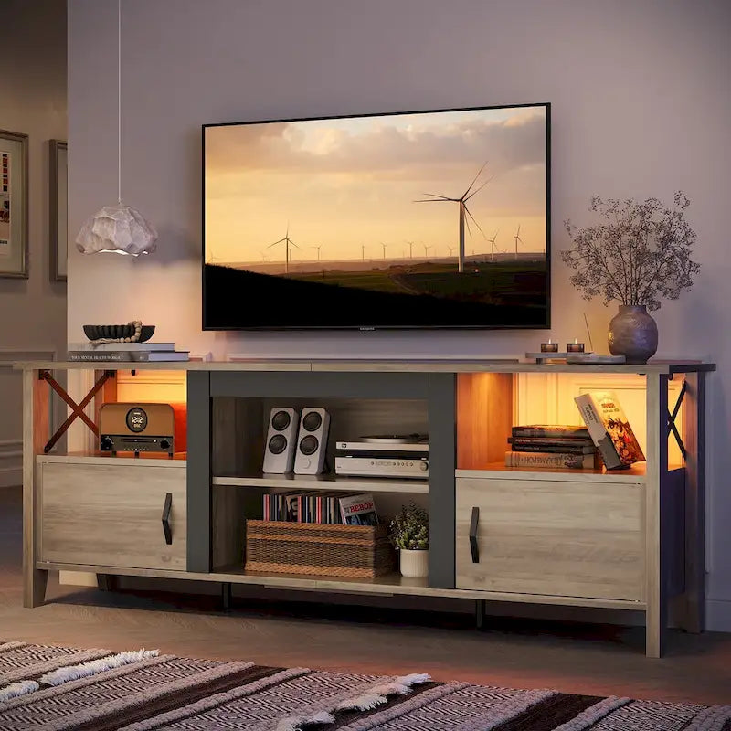 Farmhouse TV Stand for 70 Inch TV with LED Light,63 Tv Console Cabinet with Media Storage
