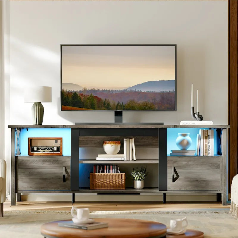 Farmhouse TV Stand for 70 Inch TV with LED Light,63 Tv Console Cabinet with Media Storage
