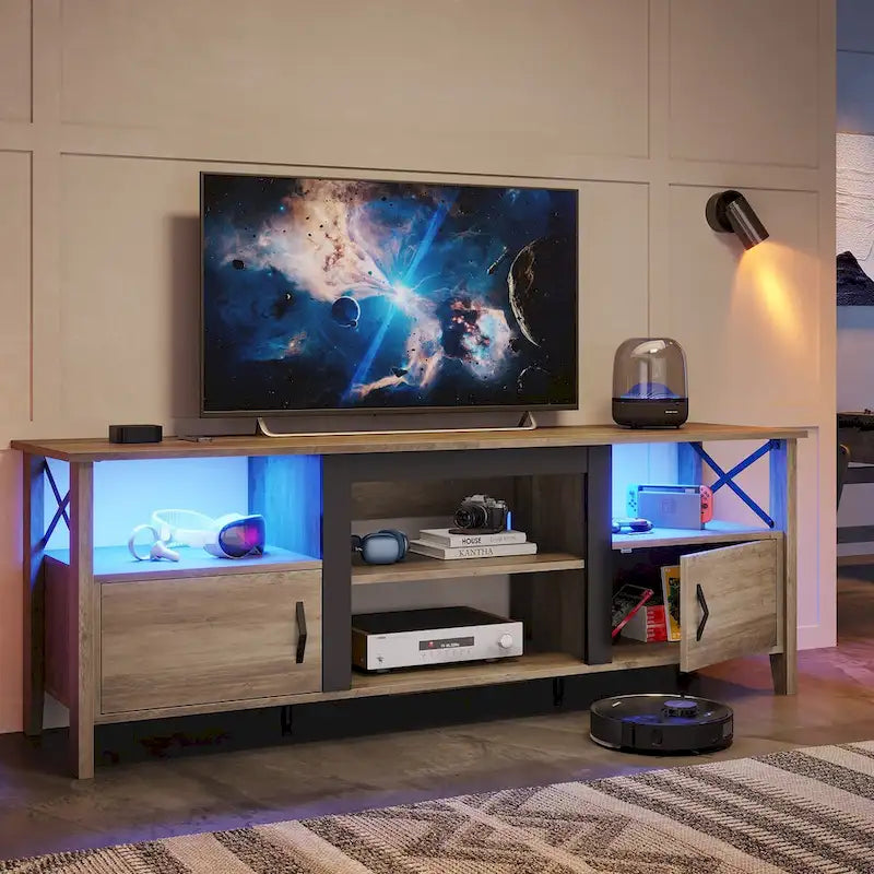 Farmhouse TV Stand for 70 Inch TV with LED Light,63 Tv Console Cabinet with Media Storage