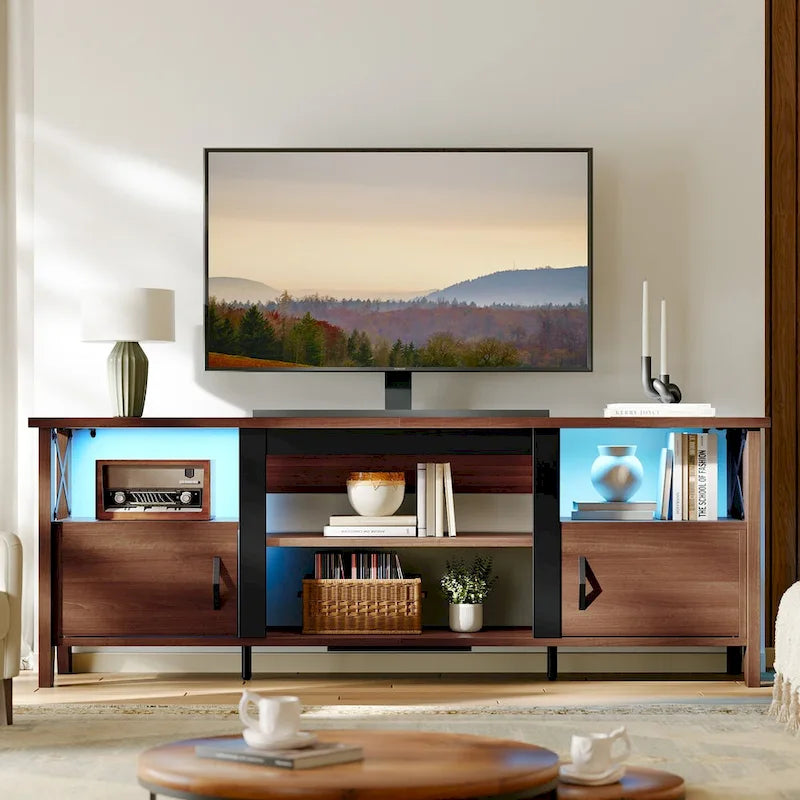 Farmhouse TV Stand for 70 Inch TV with LED Light,63 Tv Console Cabinet with Media Storage