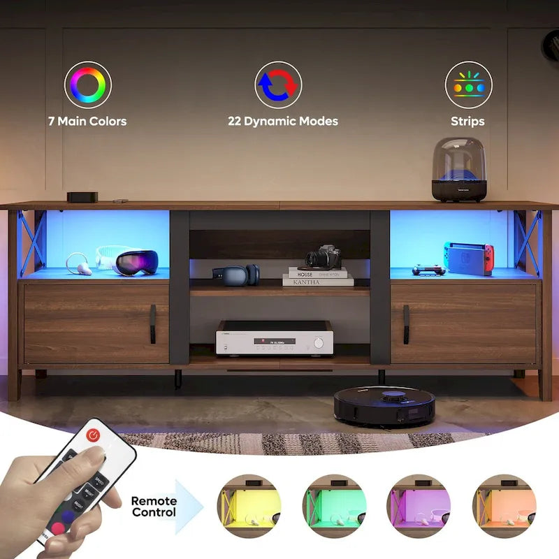 Farmhouse TV Stand for 70 Inch TV with LED Light,63 Tv Console Cabinet with Media Storage