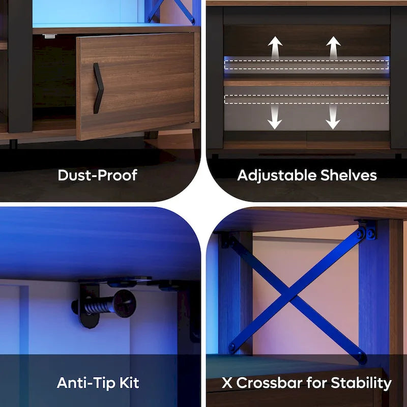 Farmhouse TV Stand for 70 Inch TV with LED Light,63 Tv Console Cabinet with Media Storage