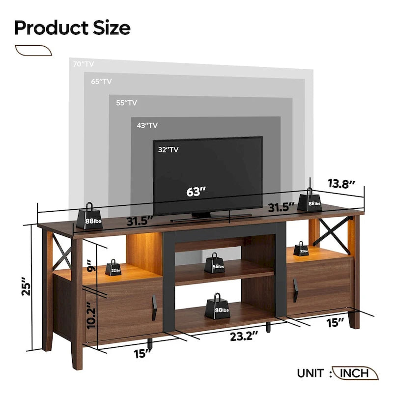 Farmhouse TV Stand for 70 Inch TV with LED Light,63 Tv Console Cabinet with Media Storage