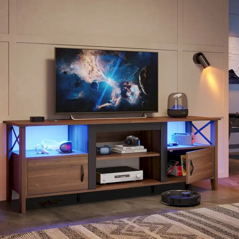 Farmhouse TV Stand for 70 Inch TV with LED Light,63 Tv Console Cabinet with Media Storage