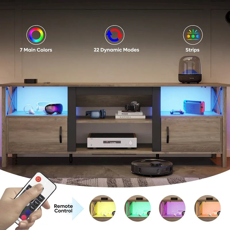 Farmhouse TV Stand for 70 Inch TV with LED Light,63 Tv Console Cabinet with Media Storage