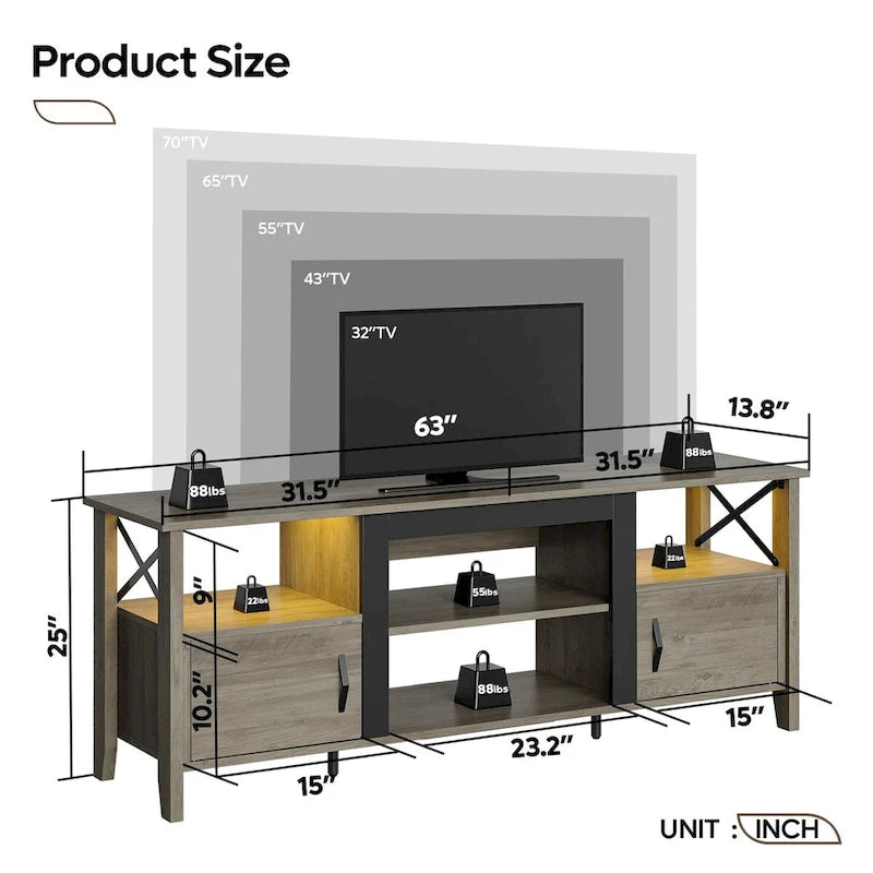 Farmhouse TV Stand for 70 Inch TV with LED Light,63 Tv Console Cabinet with Media Storage