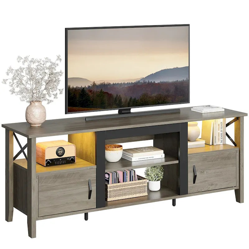 Farmhouse TV Stand for 70 Inch TV with LED Light,63 Tv Console Cabinet with Media Storage