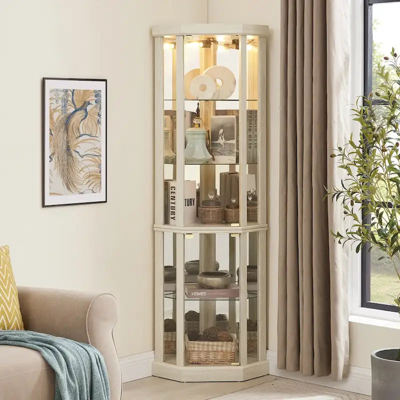 Corner Glass Cabinet Lighted Curio Cabinet Corner Display Case, Antique collection, Wine, Bar Glass Storage Light Included