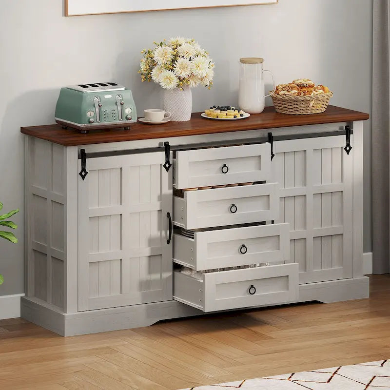 Farmhouse Sideboard Buffet Cabinet with Storage-Sliding Barn Doors and 4 Drawers