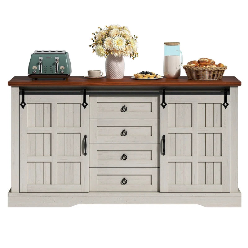 Farmhouse Sideboard Buffet Cabinet with Storage-Sliding Barn Doors and 4 Drawers