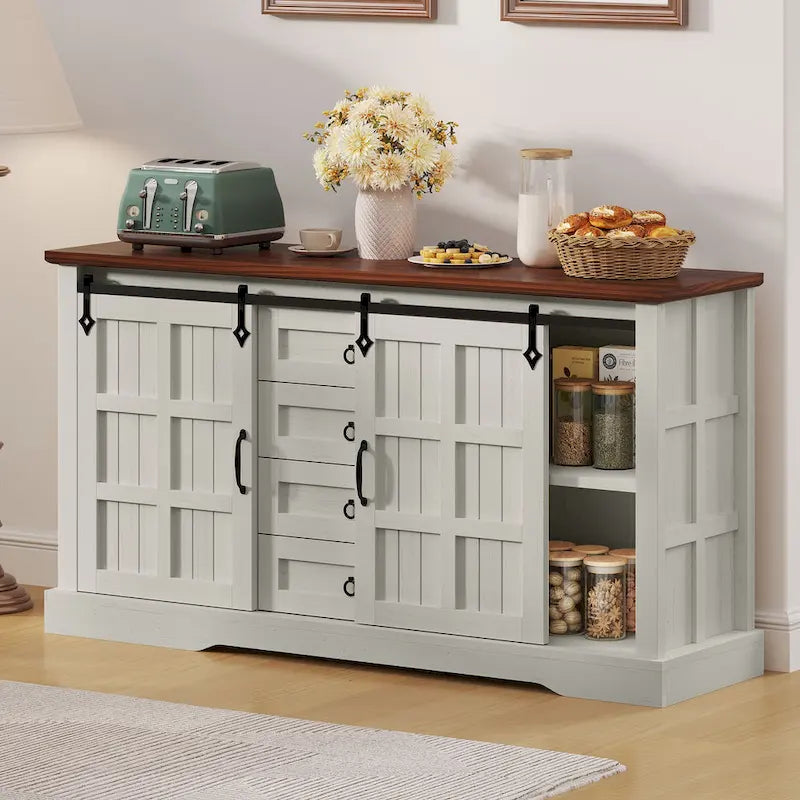 Farmhouse Sideboard Buffet Cabinet with Storage-Sliding Barn Doors and 4 Drawers