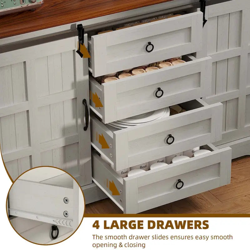 Farmhouse Sideboard Buffet Cabinet with Storage-Sliding Barn Doors and 4 Drawers