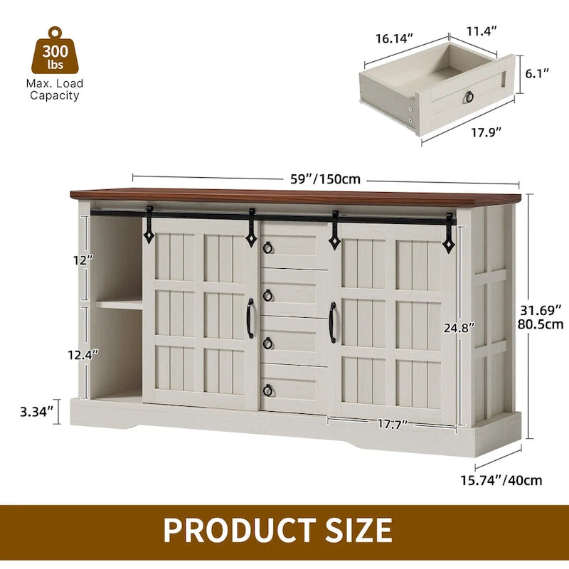 Farmhouse Sideboard Buffet Cabinet with Storage-Sliding Barn Doors and 4 Drawers