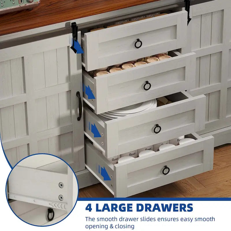 Farmhouse Sideboard Buffet Cabinet with Storage-Sliding Barn Doors and 4 Drawers