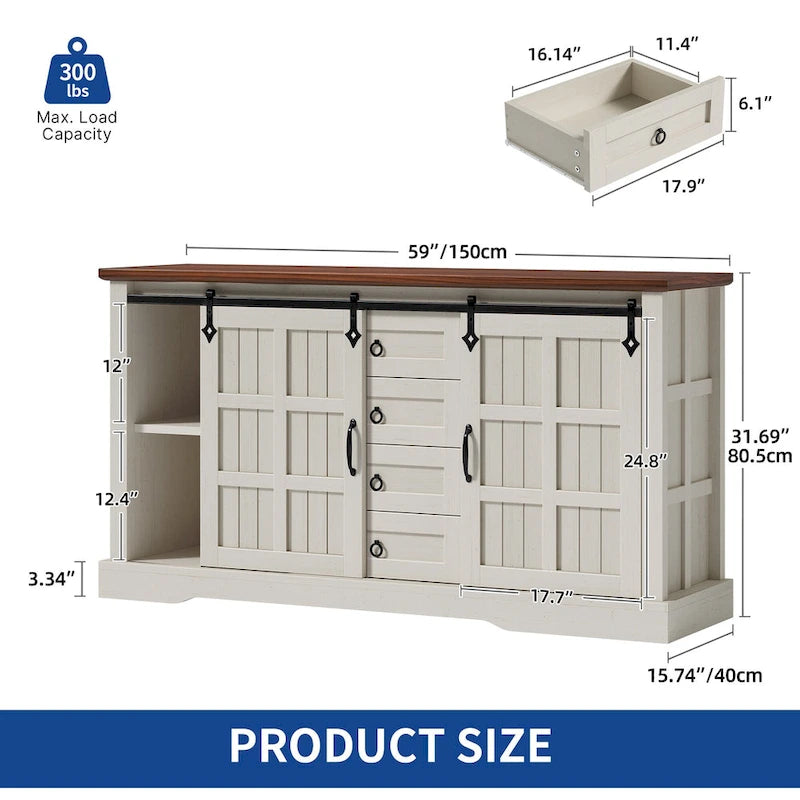 Farmhouse Sideboard Buffet Cabinet with Storage-Sliding Barn Doors and 4 Drawers