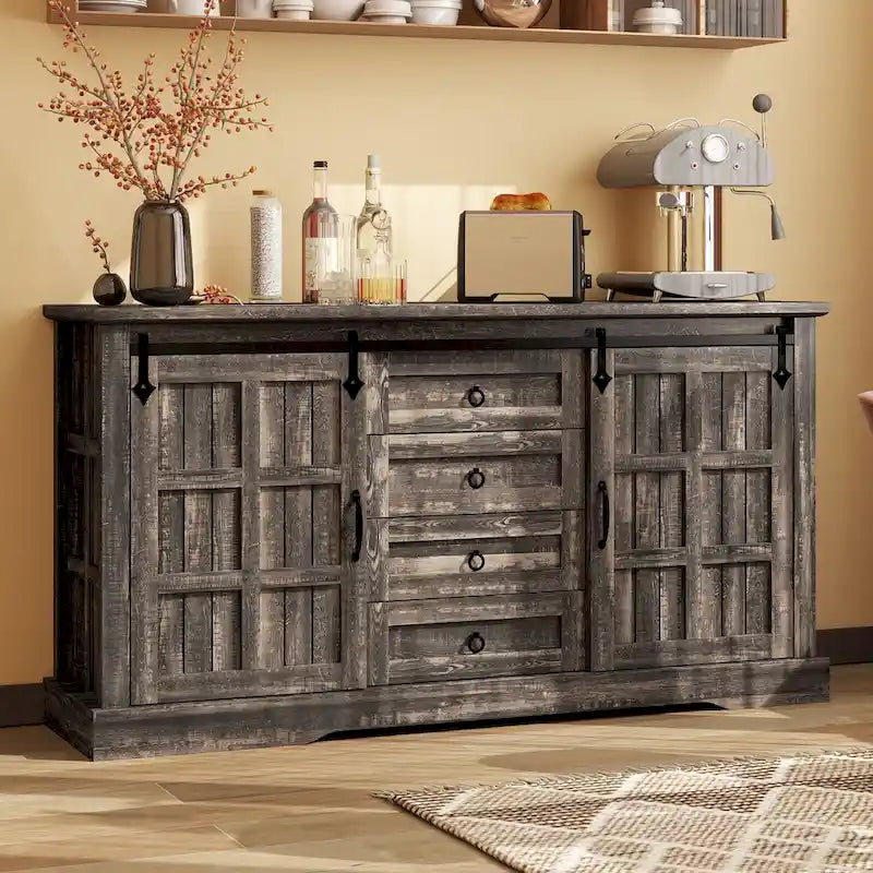 Farmhouse Sideboard Buffet Cabinet with Storage-Sliding Barn Doors and 4 Drawers
