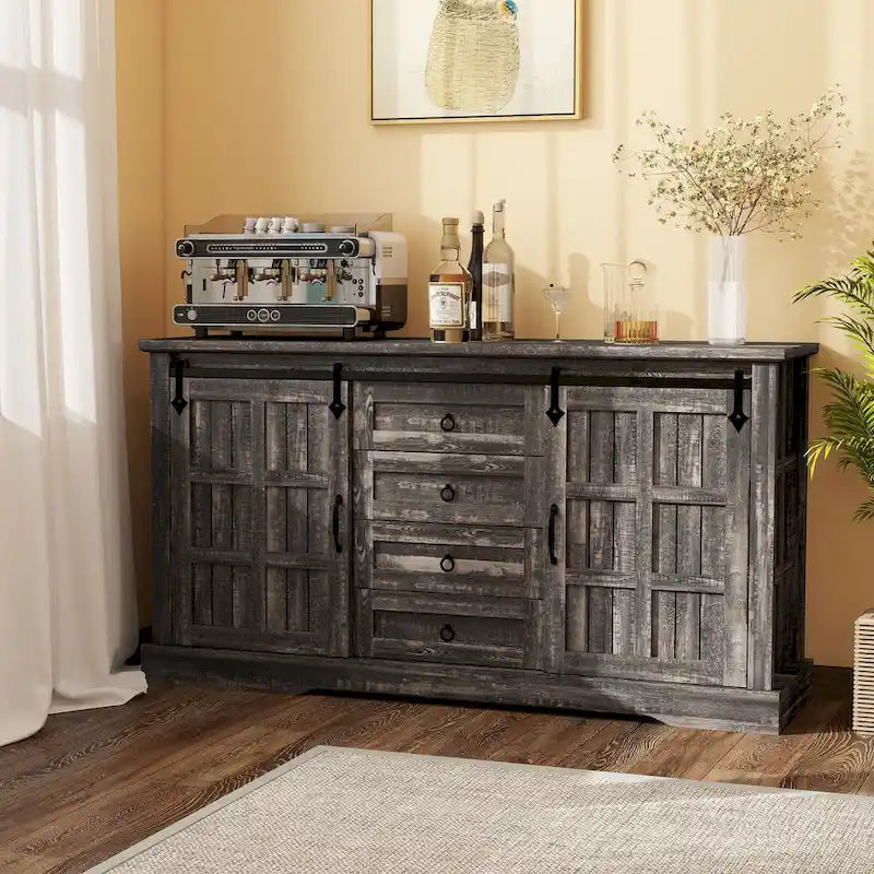 Farmhouse Sideboard Buffet Cabinet with Storage-Sliding Barn Doors and 4 Drawers