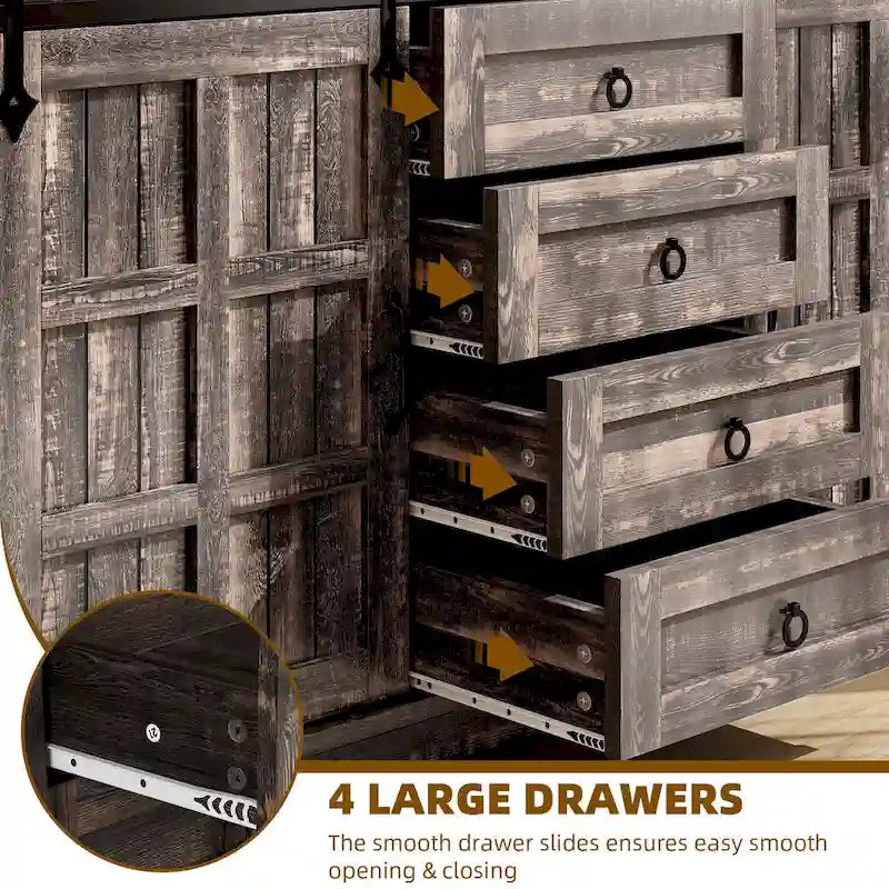 Farmhouse Sideboard Buffet Cabinet with Storage-Sliding Barn Doors and 4 Drawers