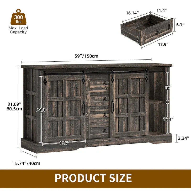 Farmhouse Sideboard Buffet Cabinet with Storage-Sliding Barn Doors and 4 Drawers