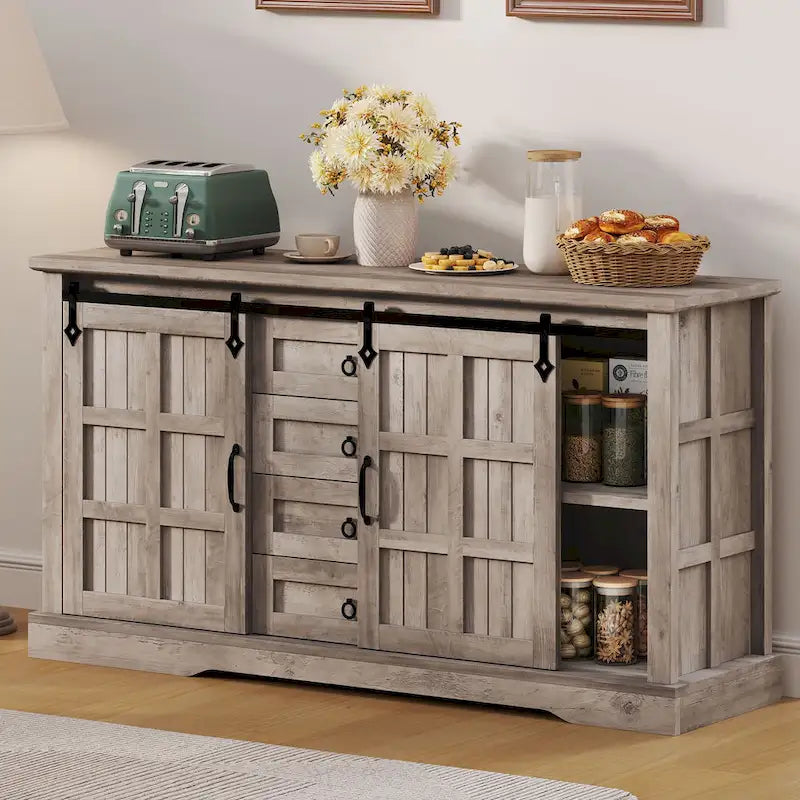 Farmhouse Sideboard Buffet Cabinet with Storage-Sliding Barn Doors and 4 Drawers