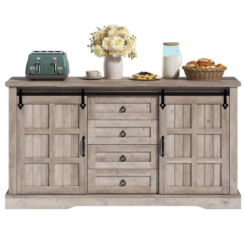 Farmhouse Sideboard Buffet Cabinet with Storage-Sliding Barn Doors and 4 Drawers
