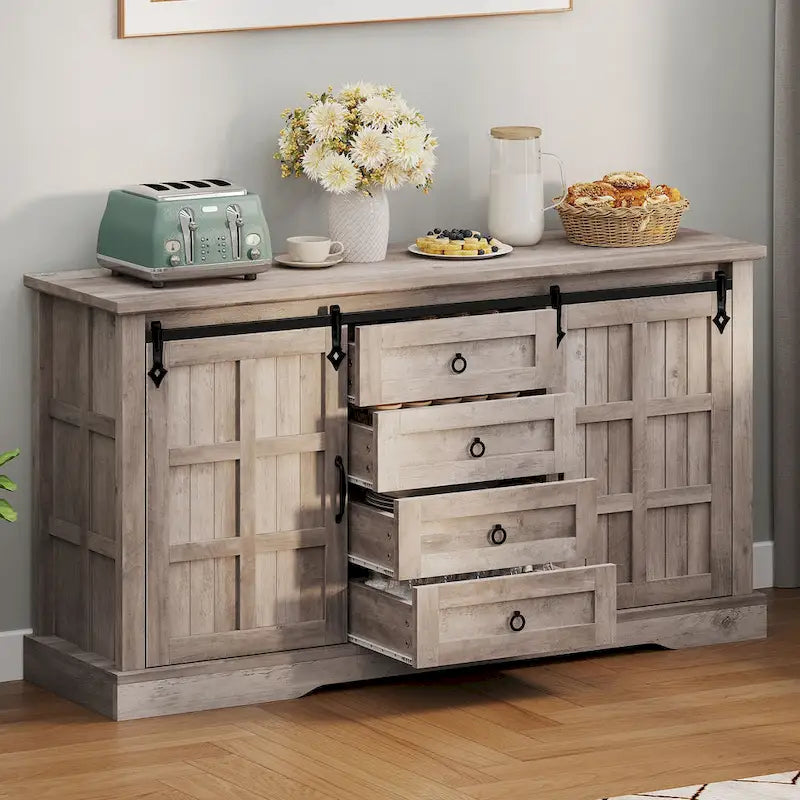 Farmhouse Sideboard Buffet Cabinet with Storage-Sliding Barn Doors and 4 Drawers
