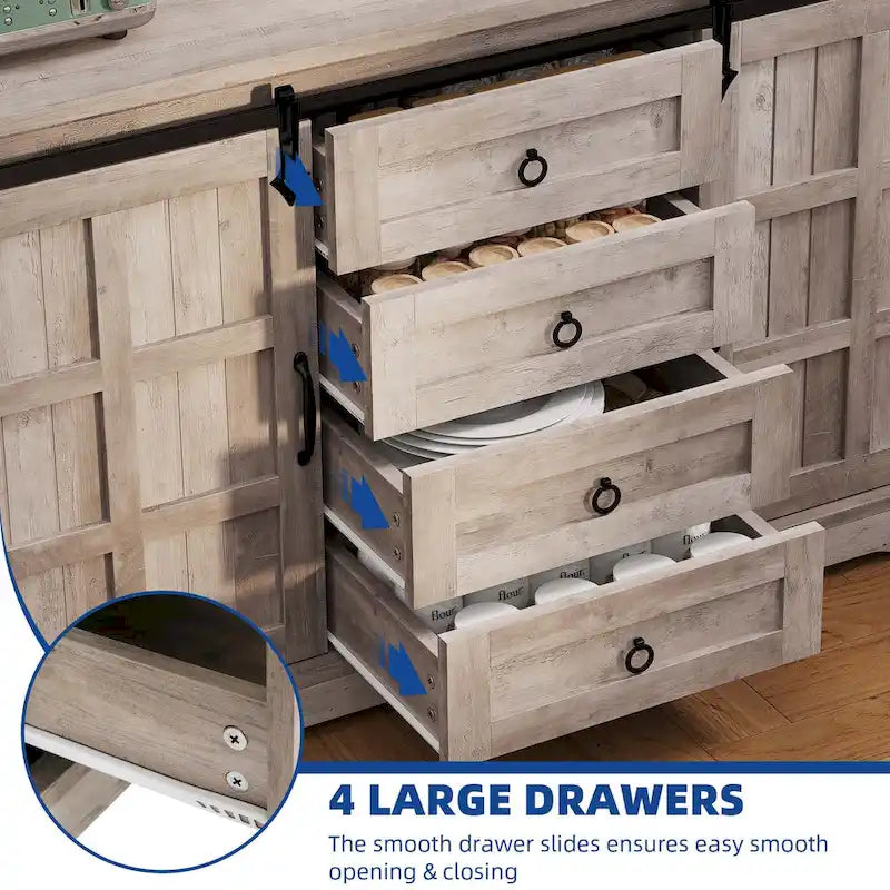Farmhouse Sideboard Buffet Cabinet with Storage-Sliding Barn Doors and 4 Drawers
